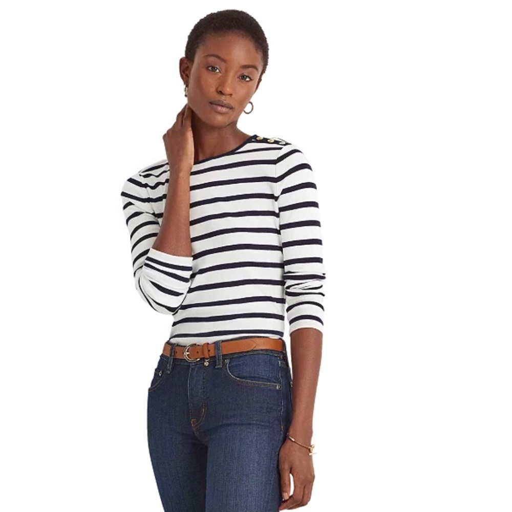 LAUREN RALPH LAUREN Nautical Striped Cotton Long Sleeve Top Button Shoulder - Picture 9 of 12